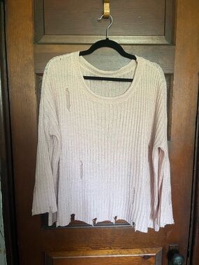 POL Distressed Ribbed Crewneck Sweater - Pale Pink